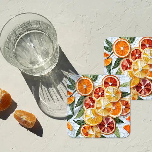 Schijfjes - Fruit - Oranje - Mozaïek onderzetter kurk middel -sfeer4