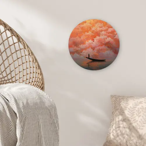 Zee - Boot - Wolken - Oranje Wandcirkel kunststof plaat 5mm dik klein -sfeer5