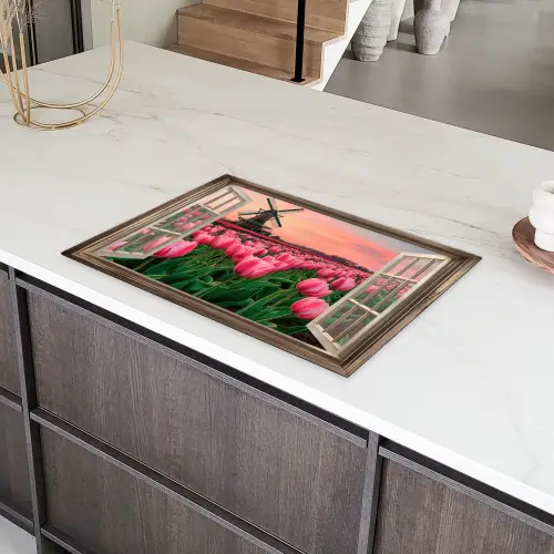 Doorkijk - Tulpen - Bloemen - Molen - Raam Inductie beschermer vinyl 3mm klein -sfeer8
