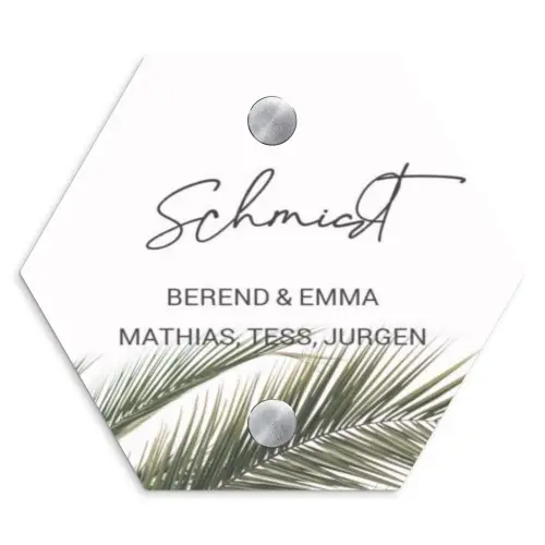 Wit met palmblad - Sierlijk Naambord Hexagon klein -3d