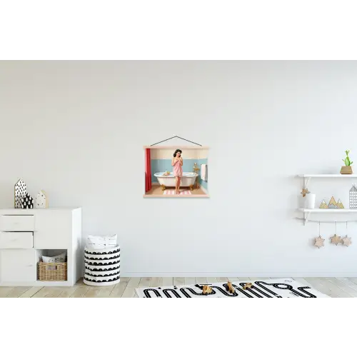 Badkamer - Vrouw - Roze textielposter latten blank klein -kinderkamer