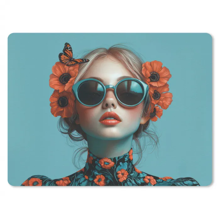 Vrouw - Blauw - Vlinder - Bloemen - Aesthetic muismat rubber klein -3d