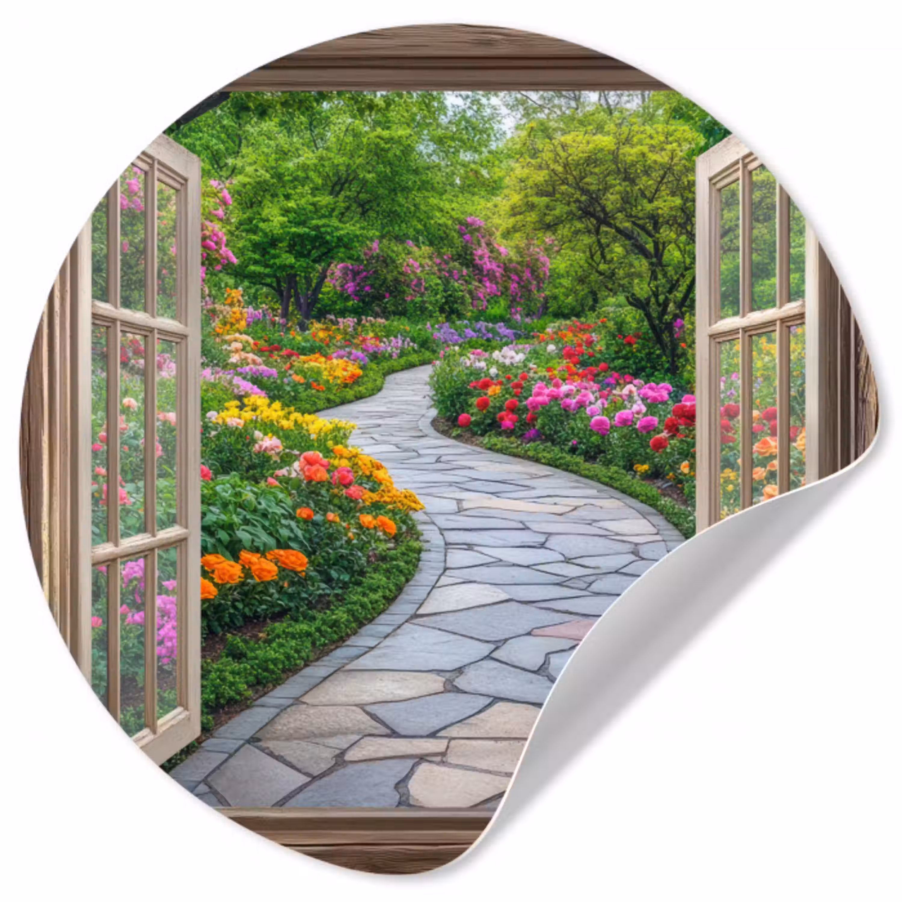 Doorkijk - Bloemen - Tuinpad - Natuur - Raam Wandcirkel behangsticker klein -3d
