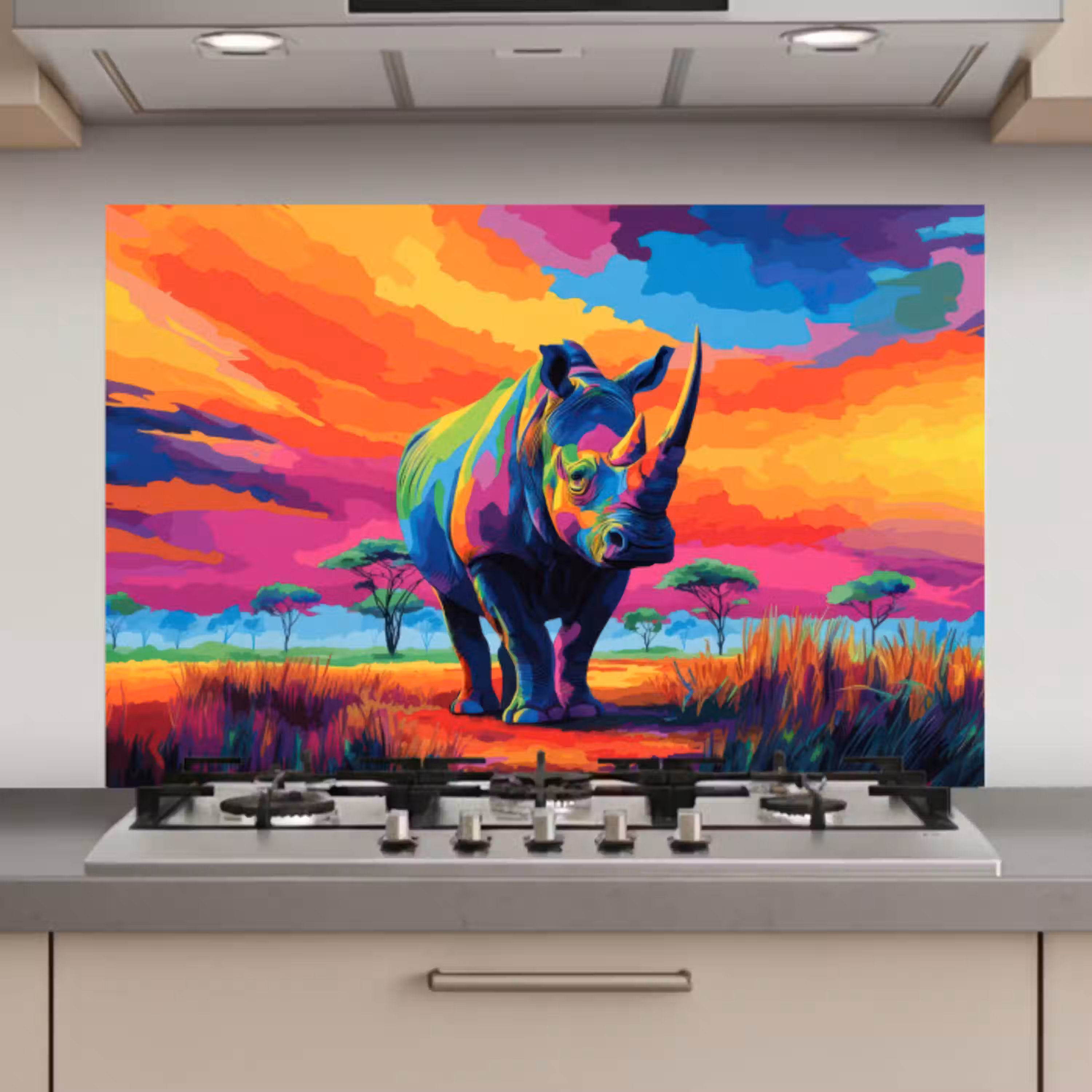 Neushoorn - Zonsondergang - Savanna - Kleurrijk keuken achterwand spatscherm klein -3d_website