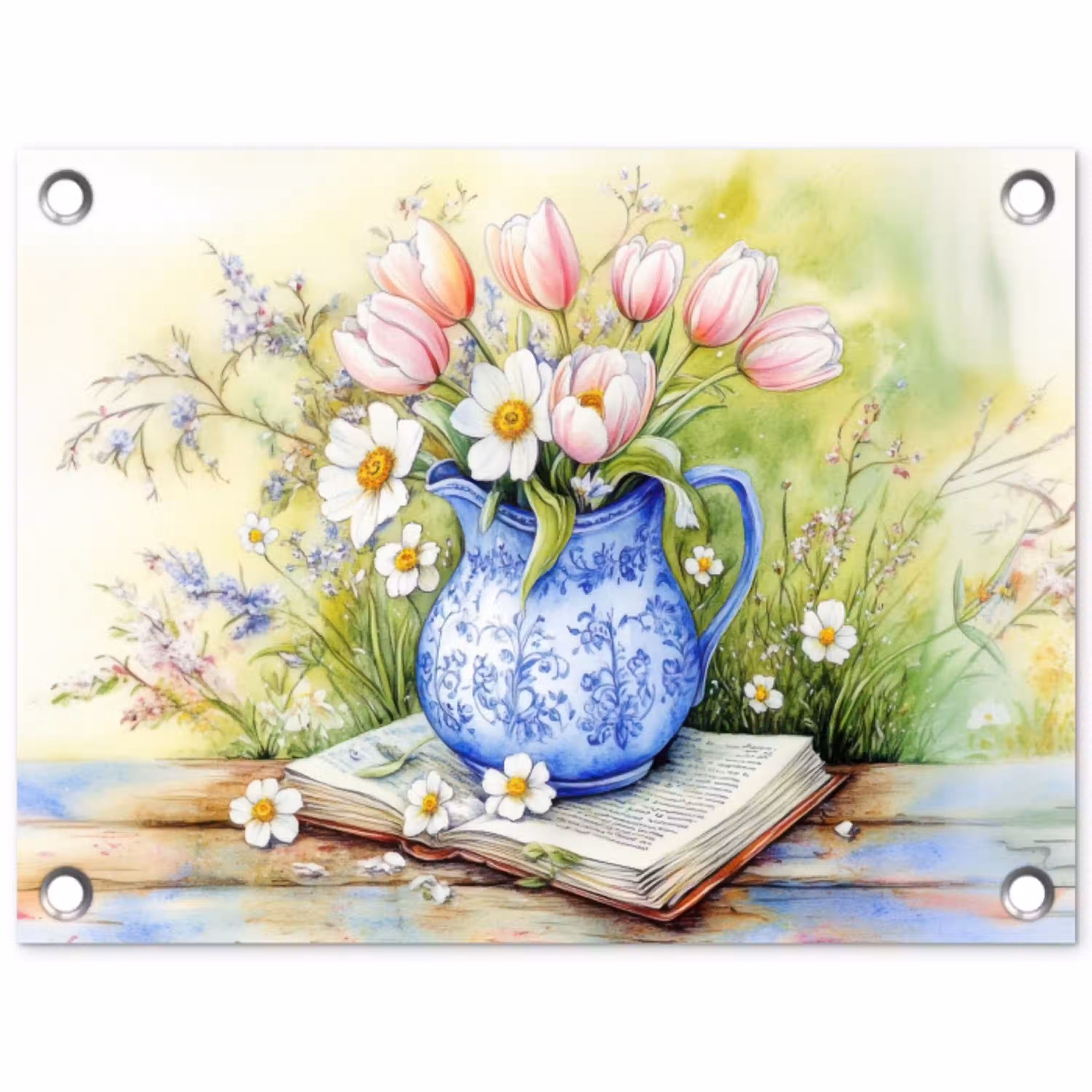 Vaas - Delftsblauw - Madeliefjes tuinposter los doek klein -3d