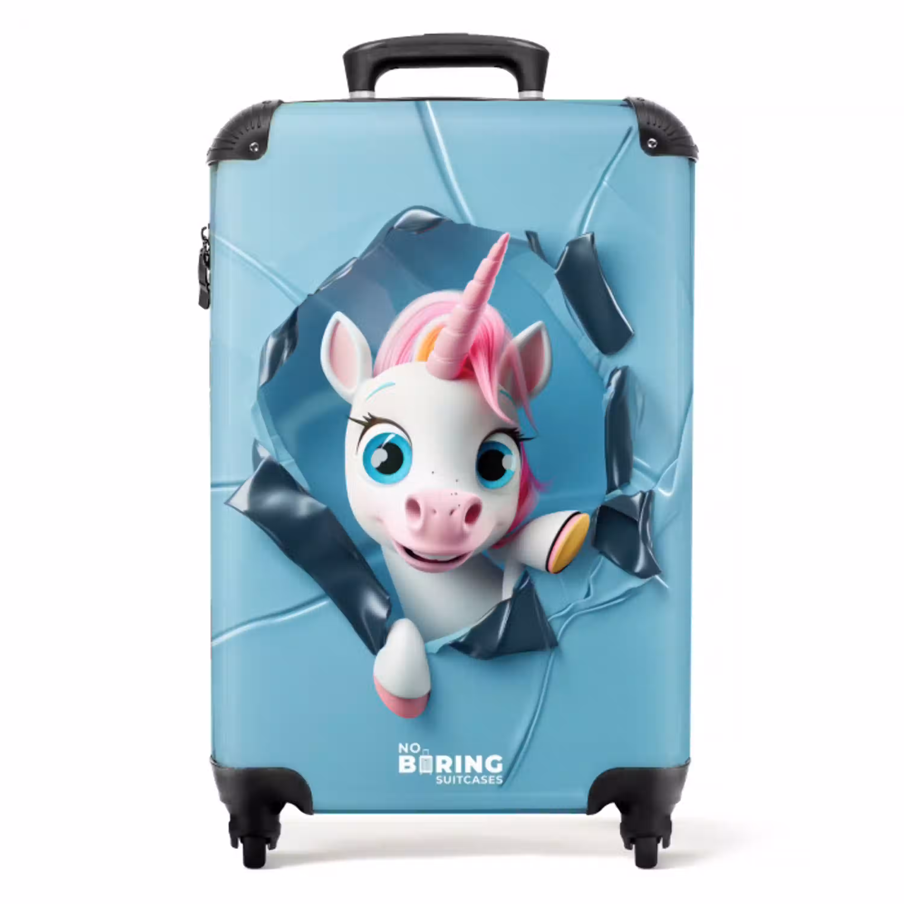 Witte eenhoorn komt door blauw plastic NBS - Handbagage koffer - Kinderen Unisex middel -productfoto_recht