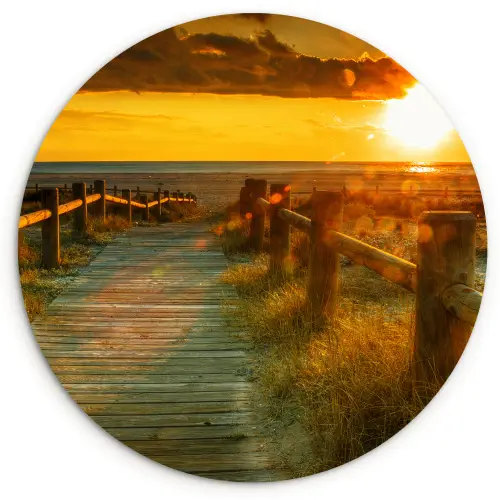 Zon - Strand - Duin - Horizon - Gras - Pad - Oranje Wandcirkel kunststof plaat 5mm dik klein -3d