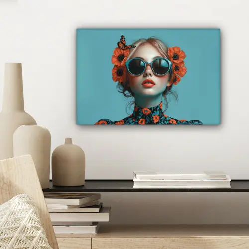 Vrouw - Blauw - Vlinder - Bloemen - Aesthetic canvas 2cm klein -sfeer6
