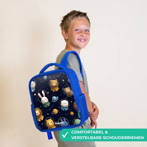 Dieren - Astronaut - Planeten - Sterren Kinderrugzak - Blauw middel -sfeer3_NL