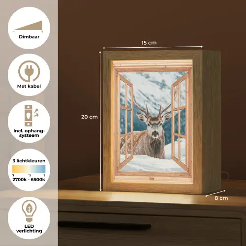 Doorkijk - Hert - Landschap - Winter - Natuur - Dieren - Bergen Light Box met kabel (Tafellamp) klein -USP_NL