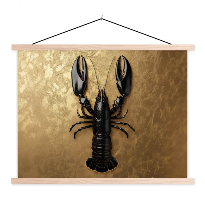 Kreeft - Zwart - Goud - Luxe textielposter latten blank klein -3d