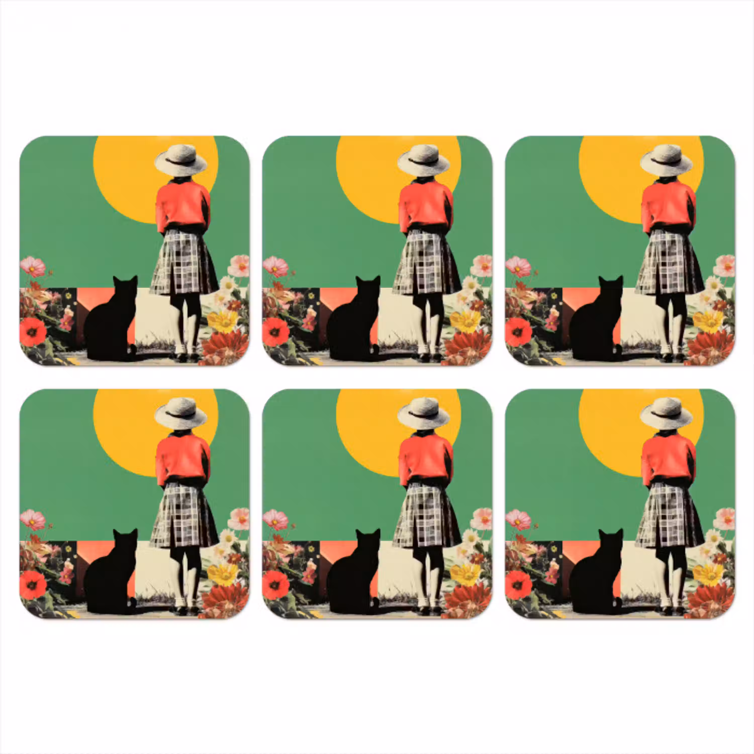 Retro - Meisje - Kat - Zon onderzetter kurk middel -3d