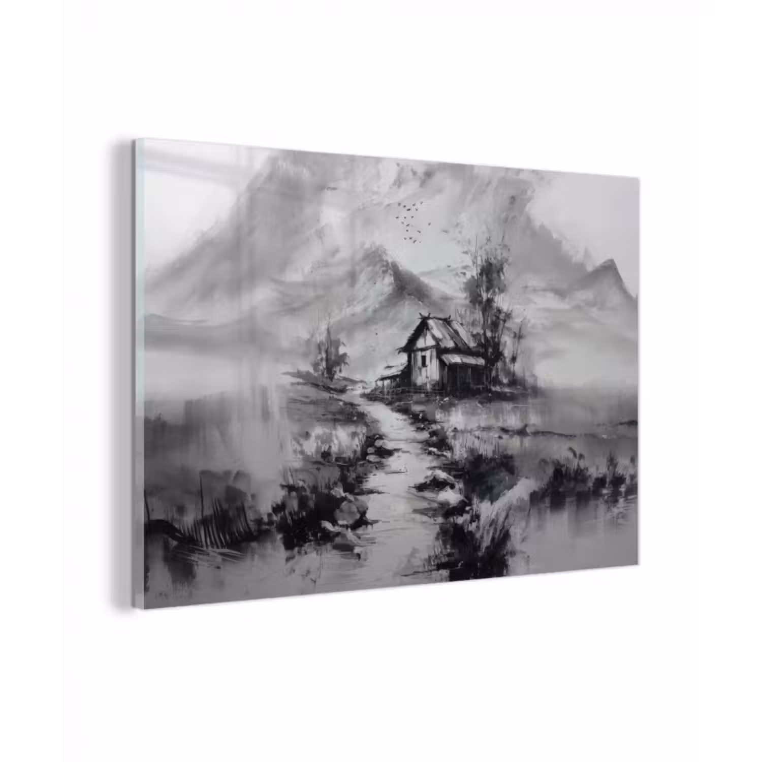 Glasbild - Hütte - Grau - Berge - Neblig
