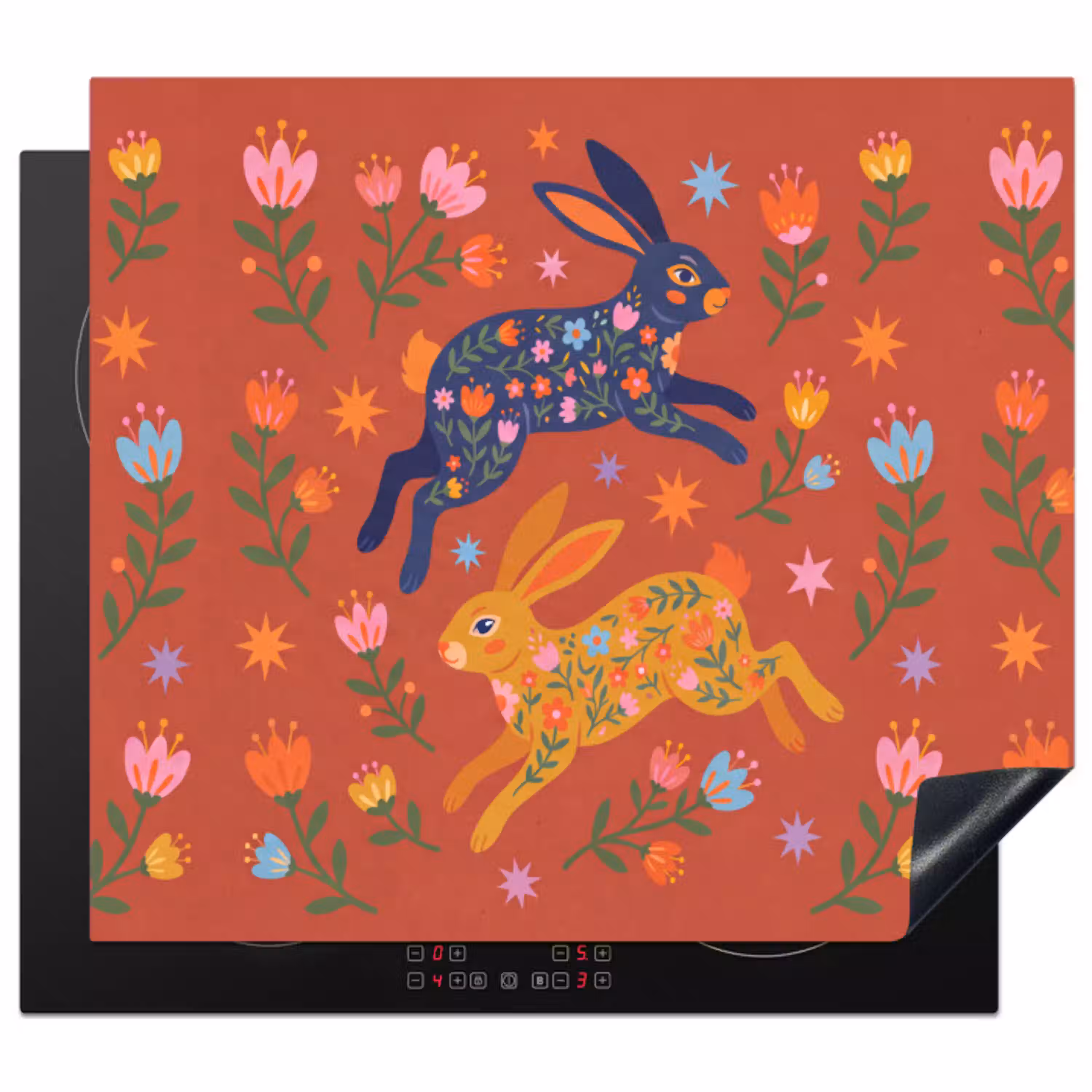 Konijn - Bloemen - Folk Art - Kleurrijk - Dieren Inductie beschermer vinyl 3mm middel -3d