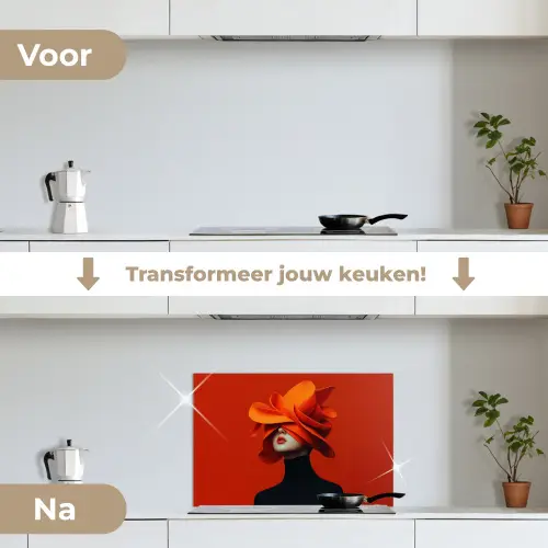 Oranje - Hoed - Vrouw keuken achterwand spatscherm klein -voor_na_NL