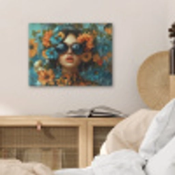 Vrouw - Bloemen - Oranje - Blauw - Modern PET vilt klein -sfeer3