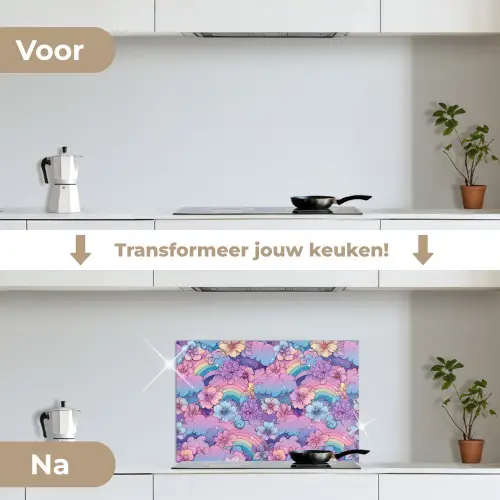Regenbogen - Bloemen - Kleurrijk - Wolken keuken achterwand spatscherm klein -voor_na_NL