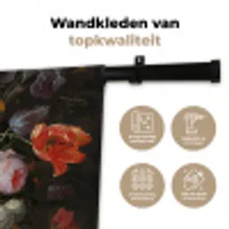 Stilleven met bloemen en een horloge - Schilderij van Abraham Mignon Wandkleed katoen klein -sfeer2