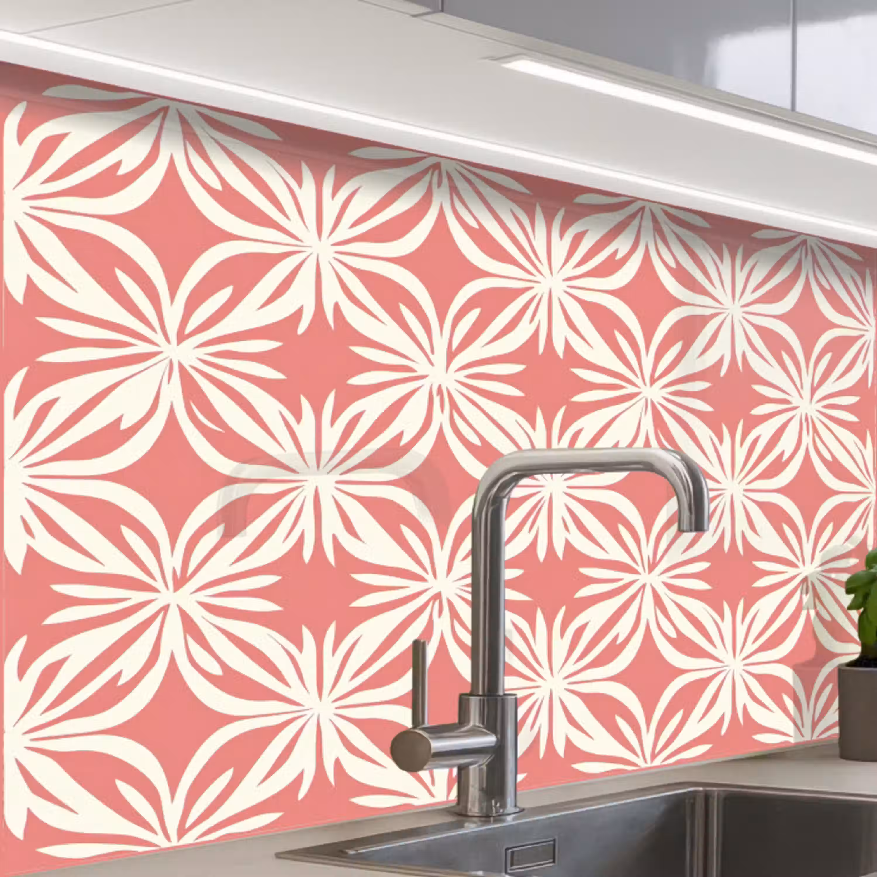 Roze - Bloemenmotief - Wit - Modern keuken achterwand 2 middel 865 -zzzz3d_schuin