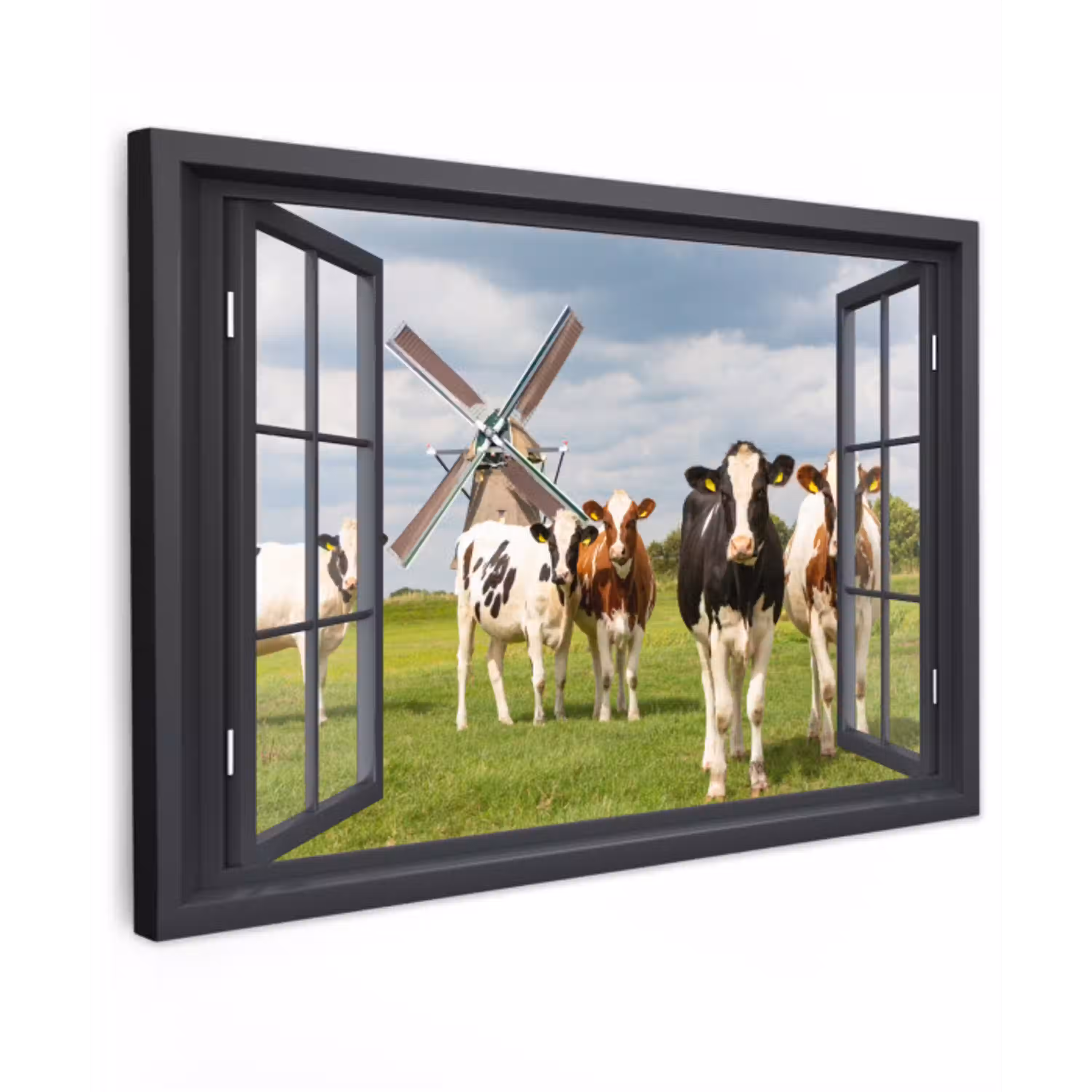 Doorkijk - Koe - Molen - Koeien - Weiland - Gras - Groen Tuinposter op houten frame 2 cm dik klein -3d