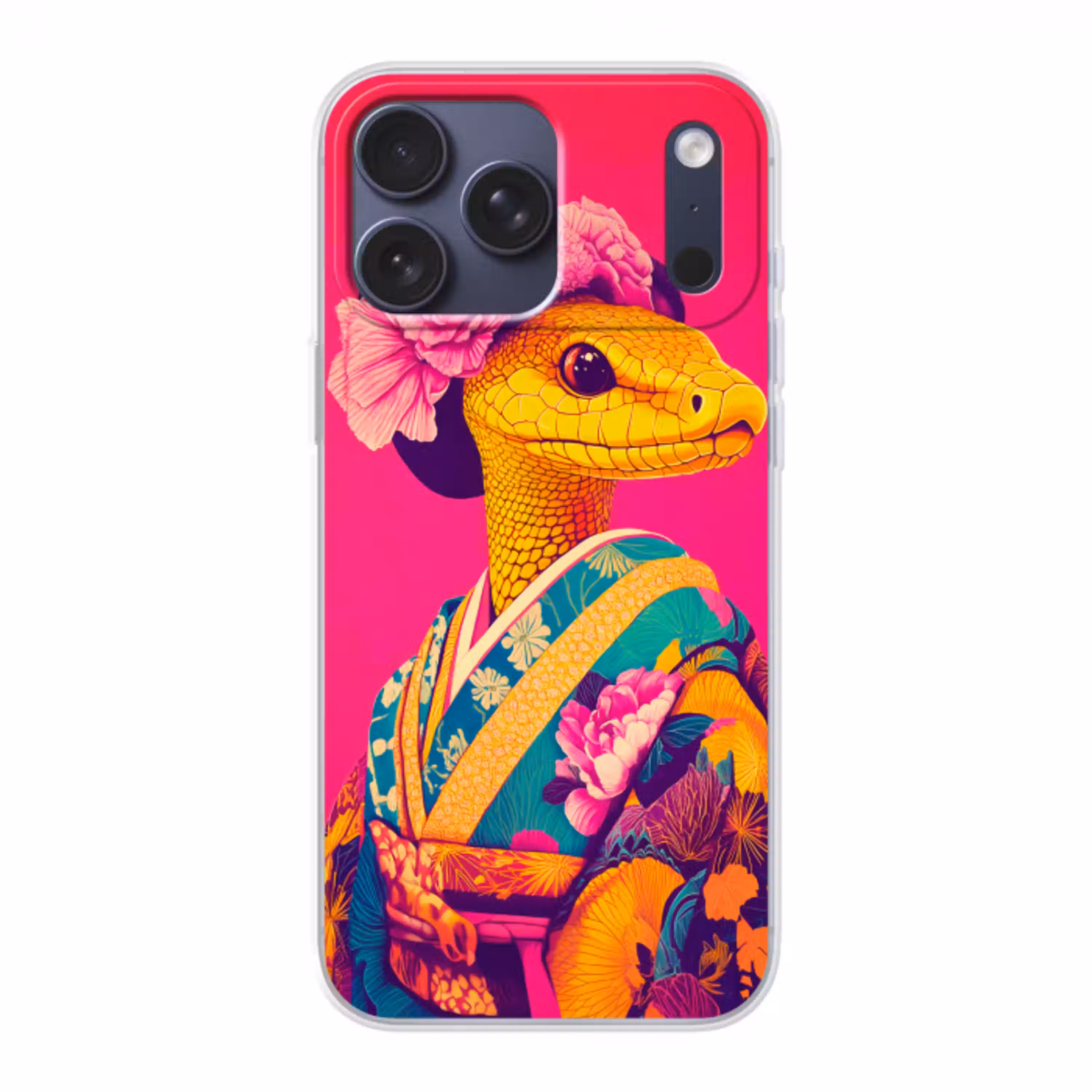 Hagedis - Bloemen - Roze - Kimono Telefoonhoesje iPhone 17 Pro Max klein -3d
