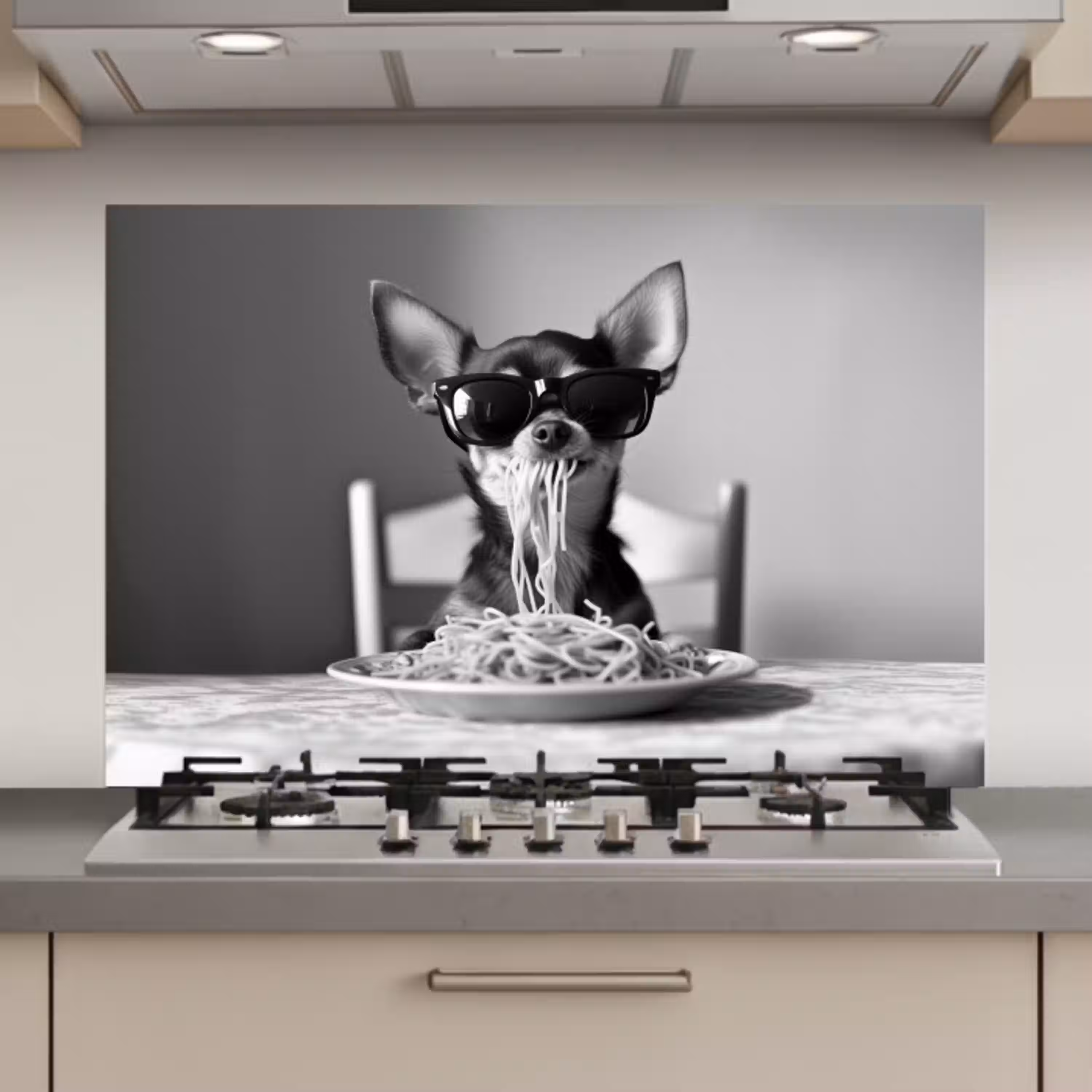 Chihuahua - Hond - Zonnebril - Humoristisch - Zwart - Wit - Spaghetti keuken achterwand spatscherm klein -3d_website
