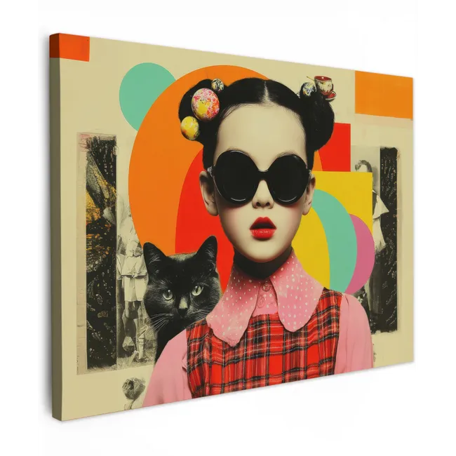 Leinwandbild - Mädchen - Sonnenbrille - Katze - Retro