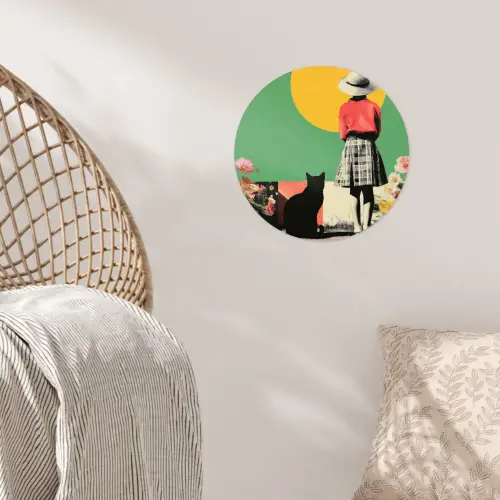 Retro - Meisje - Kat - Zon Wandcirkel behangsticker klein -sfeer4