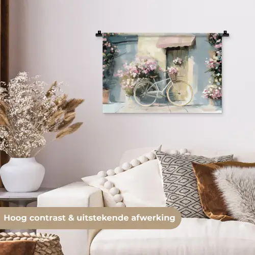 Fiets - Pastelkleuren - Bloemen Wandkleed katoen klein -sfeer1