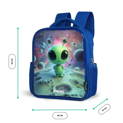 Groen buitenaards wezentje op maanlandschap Kinderrugzak - Blauw middel -productfoto_formaten