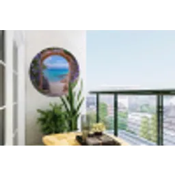 Doorkijk - Poort - Zee - Strand - Rotsen Wandcirkel tuinposter met ringen klein -buiten1