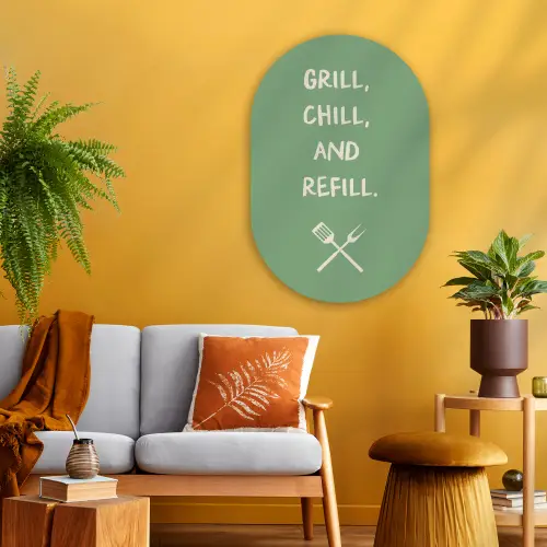 Grill - Groen - Zomer - Quote Wandcirkel Ovaal Glas middel -sfeer4