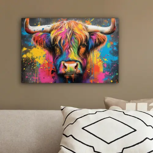 Graffiti - Schotse hooglander - Koe - Kleurrijk canvas 2cm klein -sfeer3