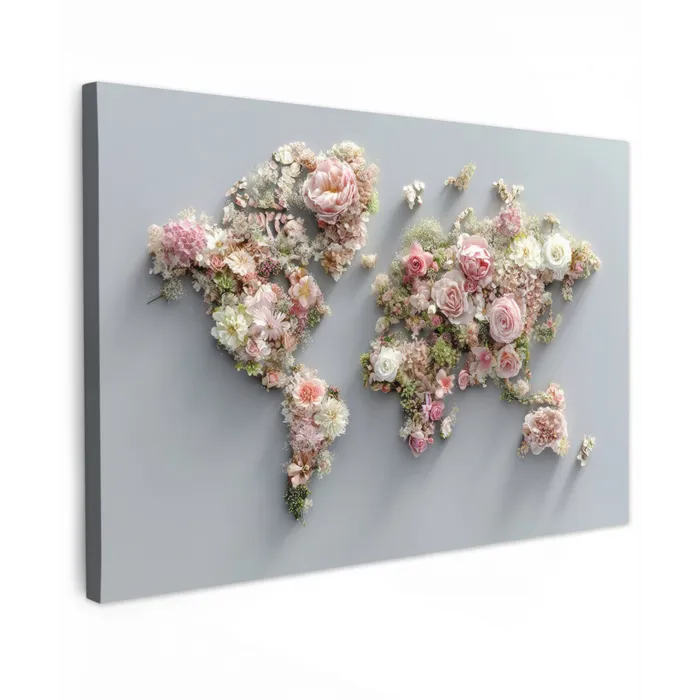 Wereldkaart - Rozen - Roze Tuinposter op houten frame 2 cm dik klein -3d