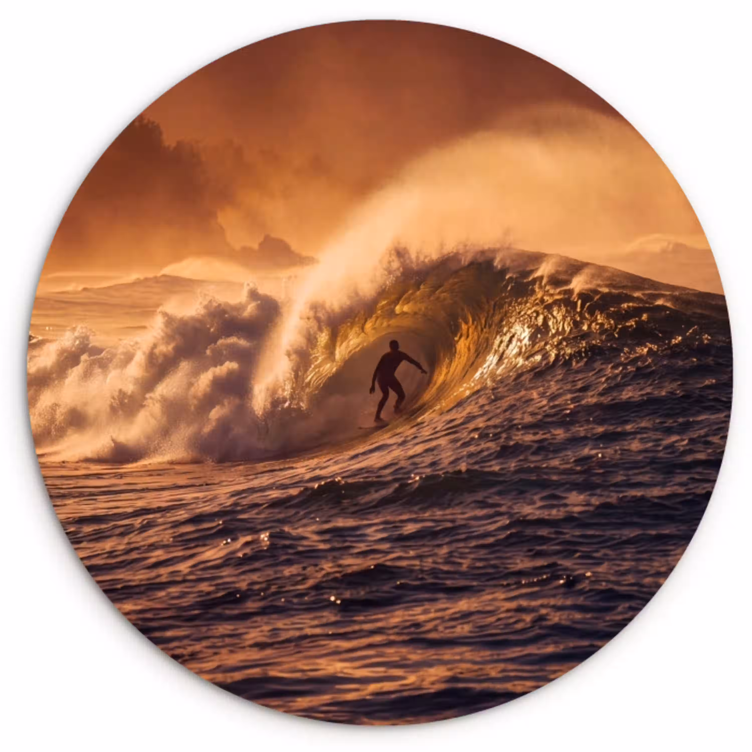 Surfer - Golf - Oceaan - Sport - Oranje Wandcirkel kunststof plaat 5mm dik klein -3d