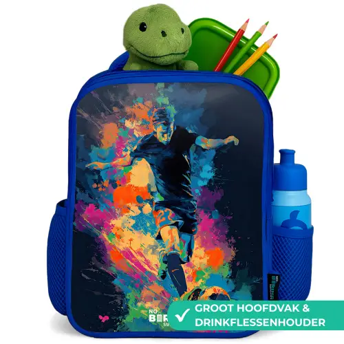 Neon - Voetballer - Kleurrijk Kinderrugzak - Blauw middel -inhoud_NL