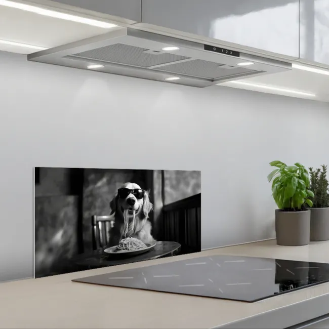 Golden Retriever - Hond - Vrolijk -  Bord spaghetti - Zwart - wit keuken achterwand spatscherm klein -3d_schuin