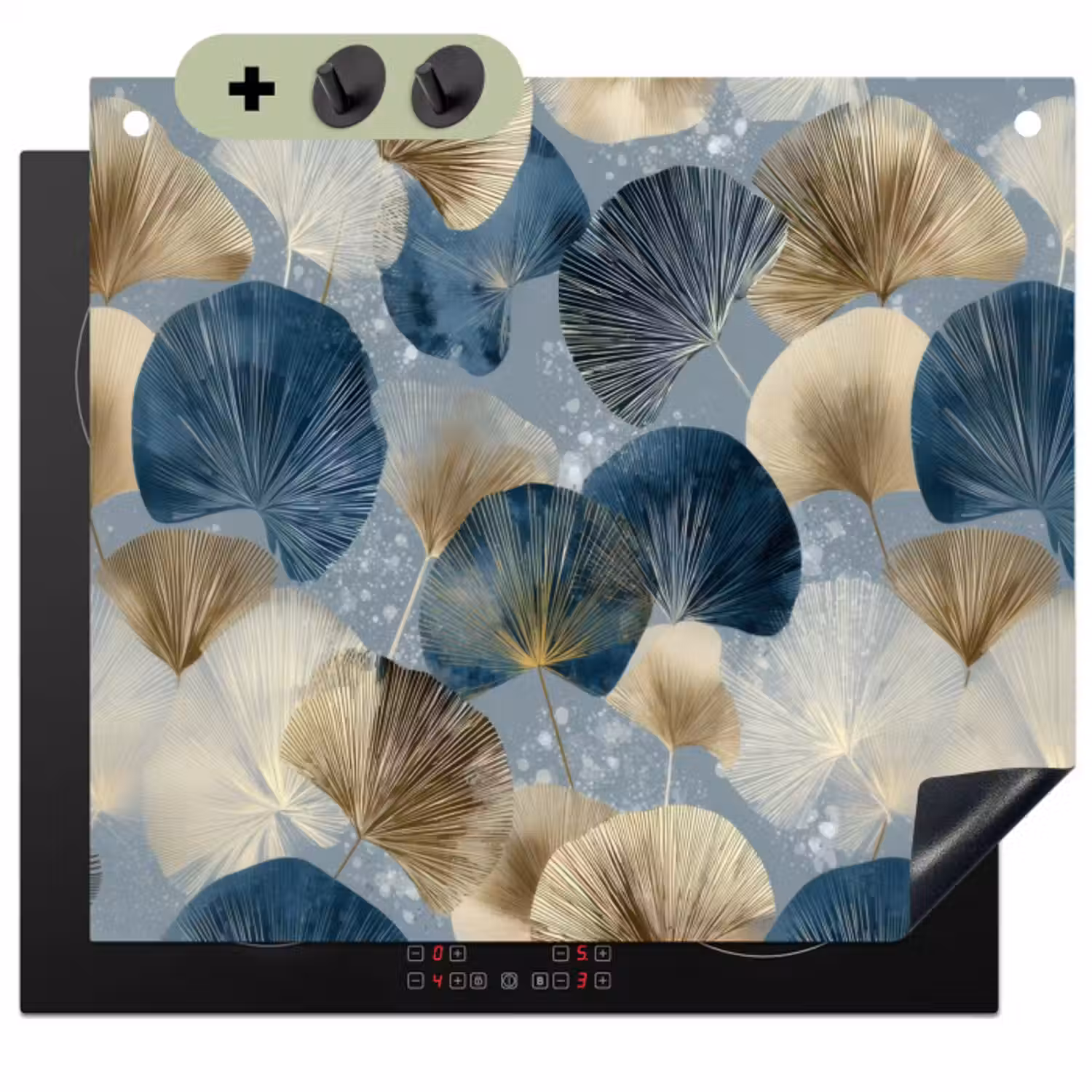 Inductie beschermer en spatscherm (2in1) - Bladeren - Abstract - Goud - Blauw
