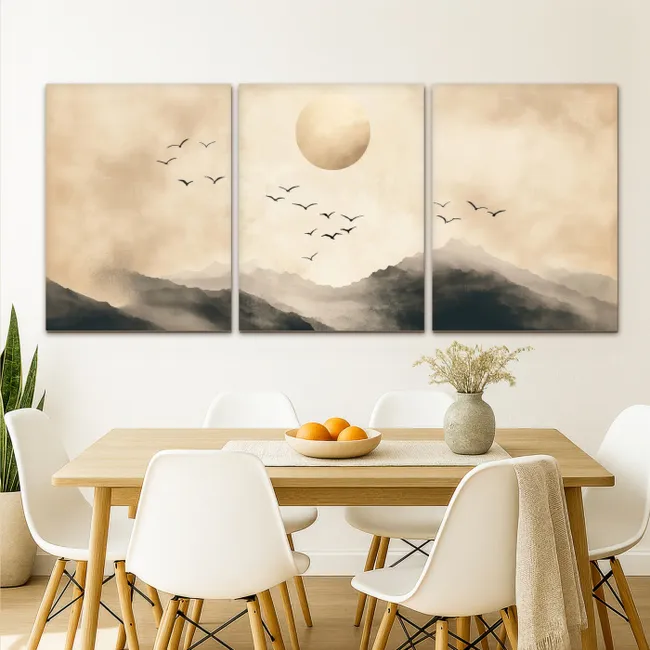 Meerluik schilderij - 3 luiken - Landschap - Japandi - Beige - Vogels