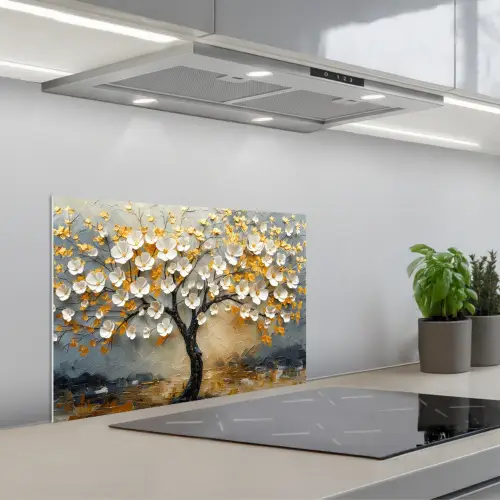 Boom - Bloemen - Goud - Beige keuken achterwand spatscherm klein -3d_schuin