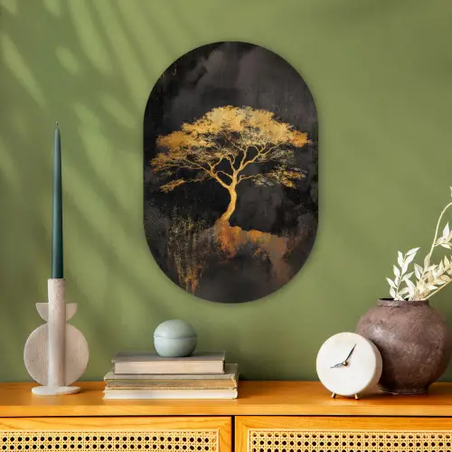 Boom - Schilderij - Goud - Abstract Wandcirkel Ovaal Forex klein -sfeer2