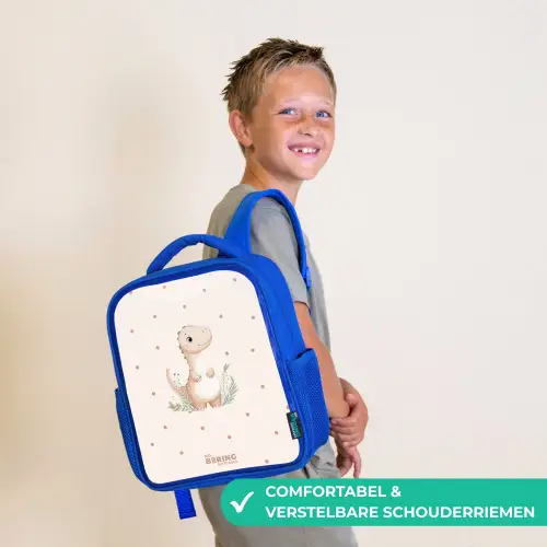 Beige dino op een stippen achtergrond Kinderrugzak - Blauw middel -sfeer3_NL