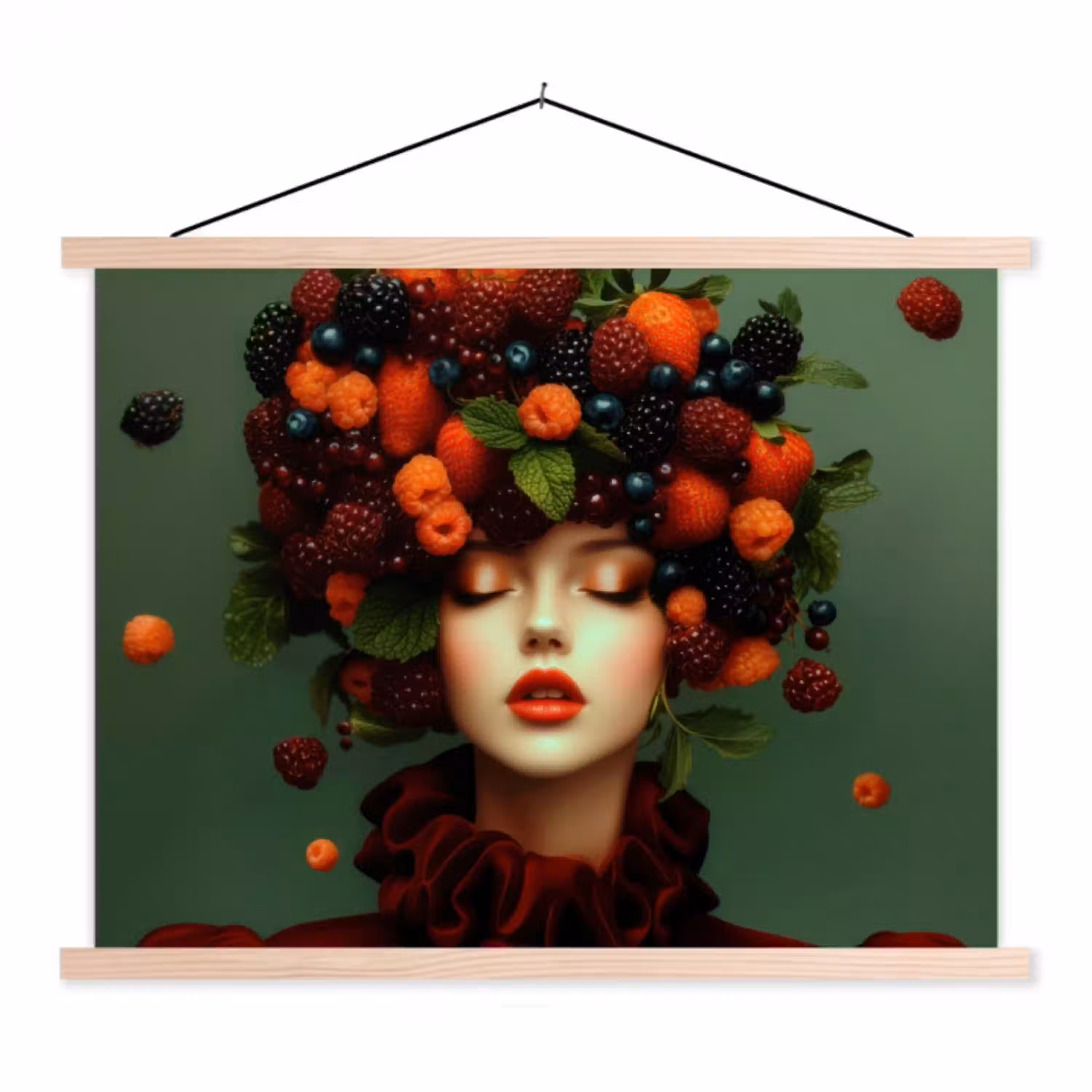 Vrouw - Aardbeien - Frambozen - Bramen - Bessen textielposter latten blank klein -3d