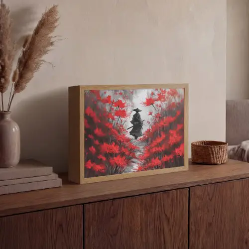 Rode bloemen - mistig - Man Light Box met batterij (Wandlamp) middel -sfeer2