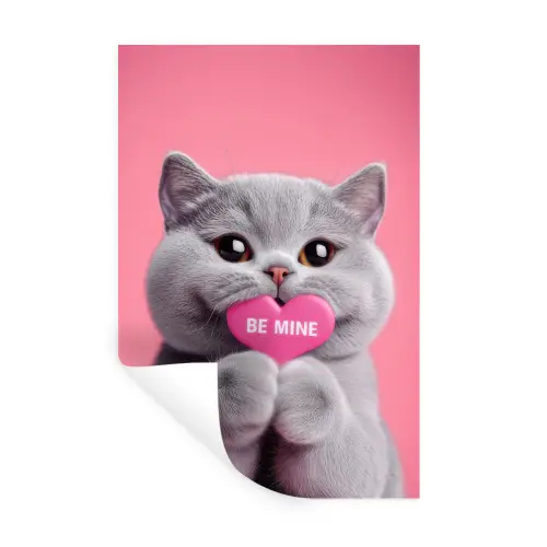 Kat - Valentijn - Roze - Liefde Muursticker klein -3d