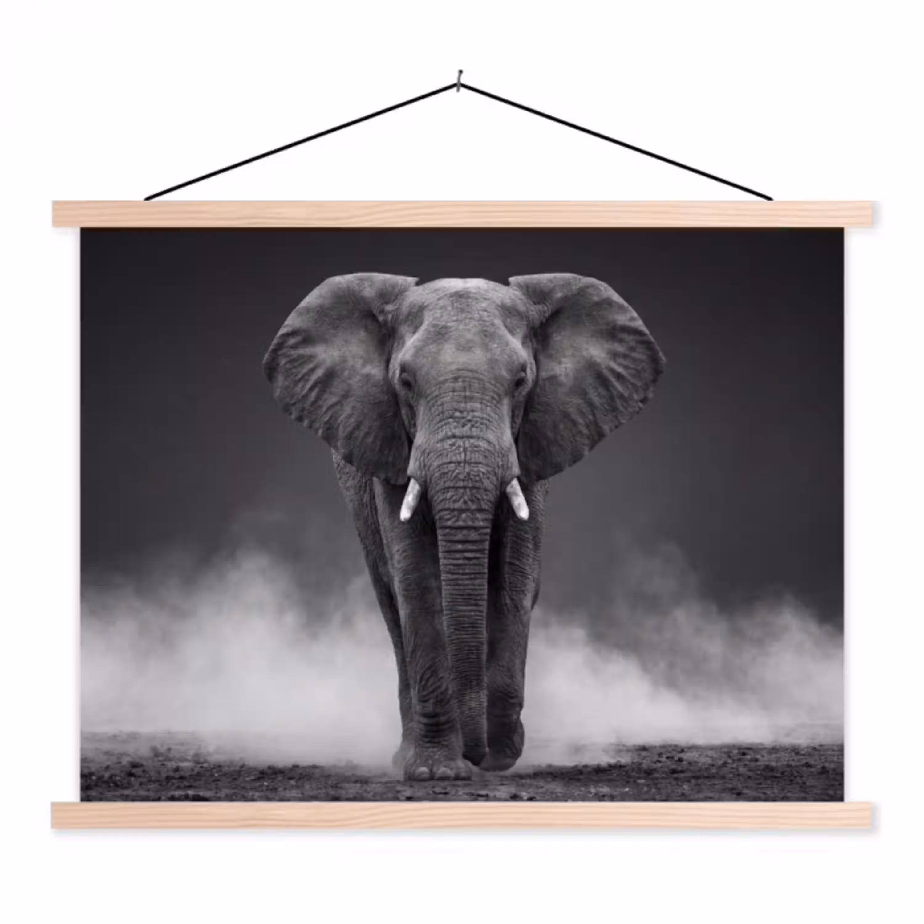 Olifant - Zwart - Wit - Rook textielposter latten blank klein -3d