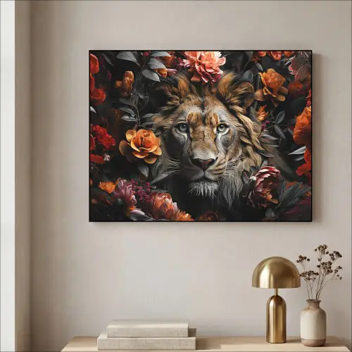 Leeuw - Dier - Natuur - Bloemen - Botanisch Textielframe zwart klein -sfeer2