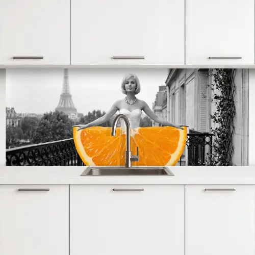 Sinaasappel - Eiffeltoren - Vrouw keuken achterwand 2 middel -3d