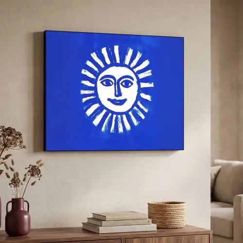 Zon - Gezicht - Penseelstructuur - Blauw Textielframe zwart klein -sfeer3