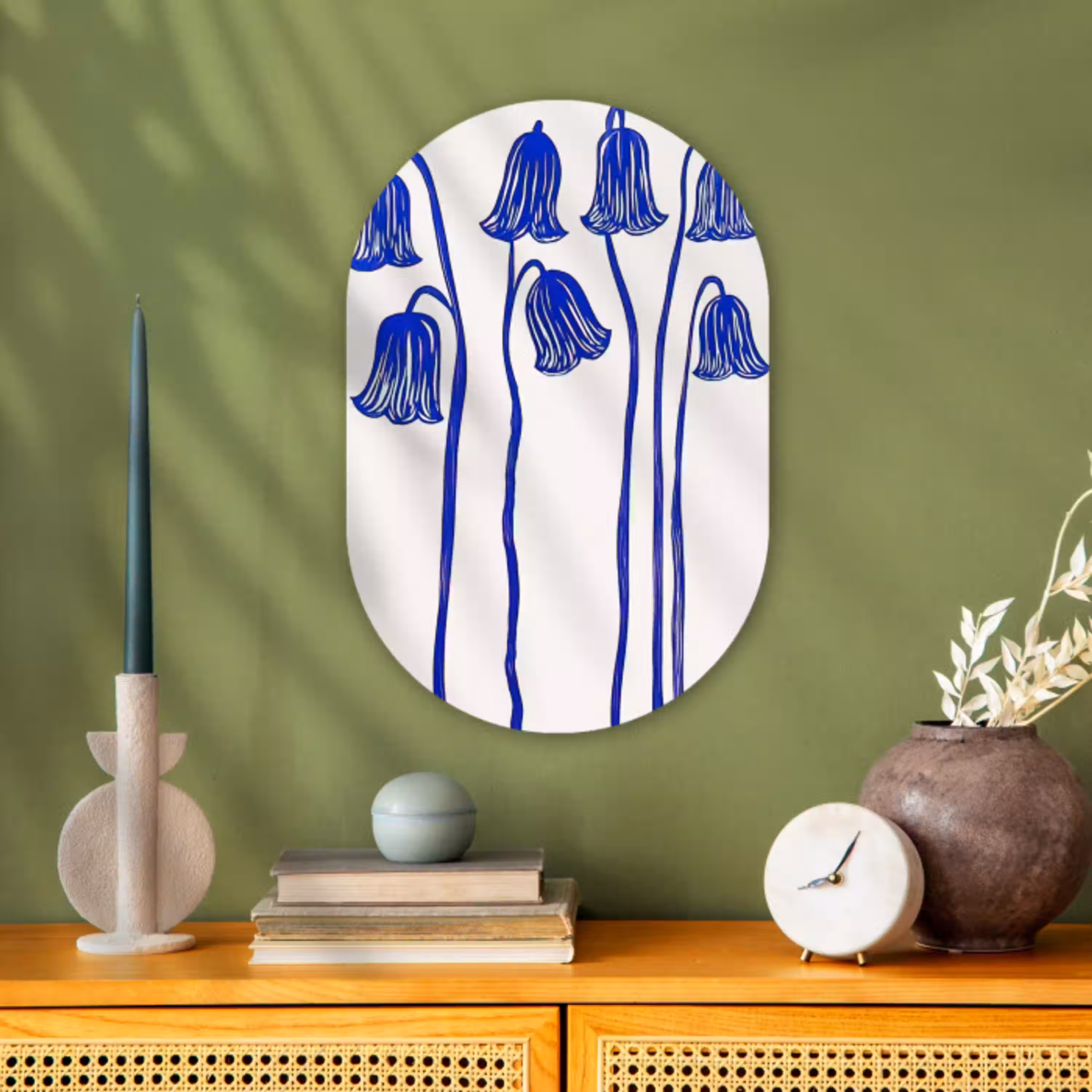 Bloemen - Blauw - Lijnen - Bloemblaadjes Wandcirkel Ovaal Forex klein -sfeer2